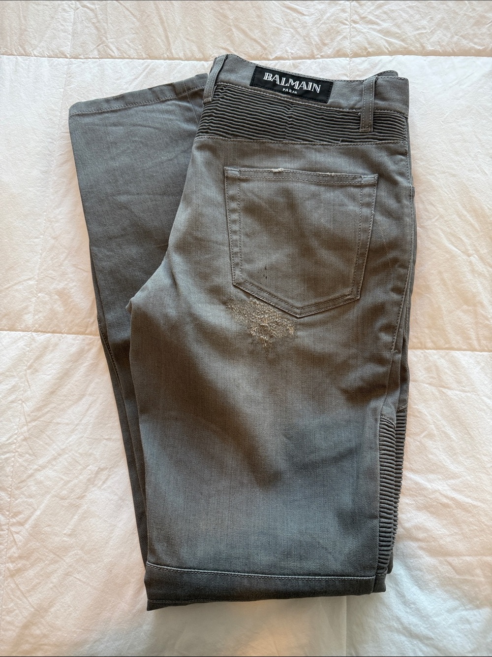 Balmain Men's Gray Ribbed Moto Jeans